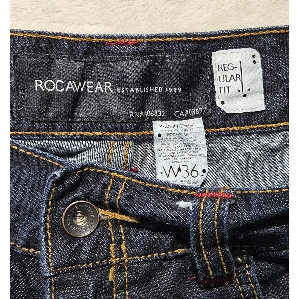 Rocawear Jeans Mens 36 Regular Fit Dark Wash Y2K Hip Hop Denim Pants Flap Pocket